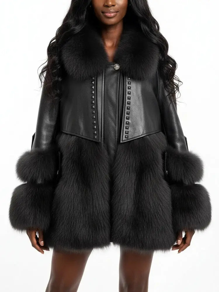 Genuine Leather Fox Fur Trim Short Coat - Coats