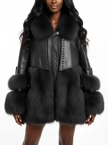 Genuine Leather Fox Fur Trim Short Coat - Coats