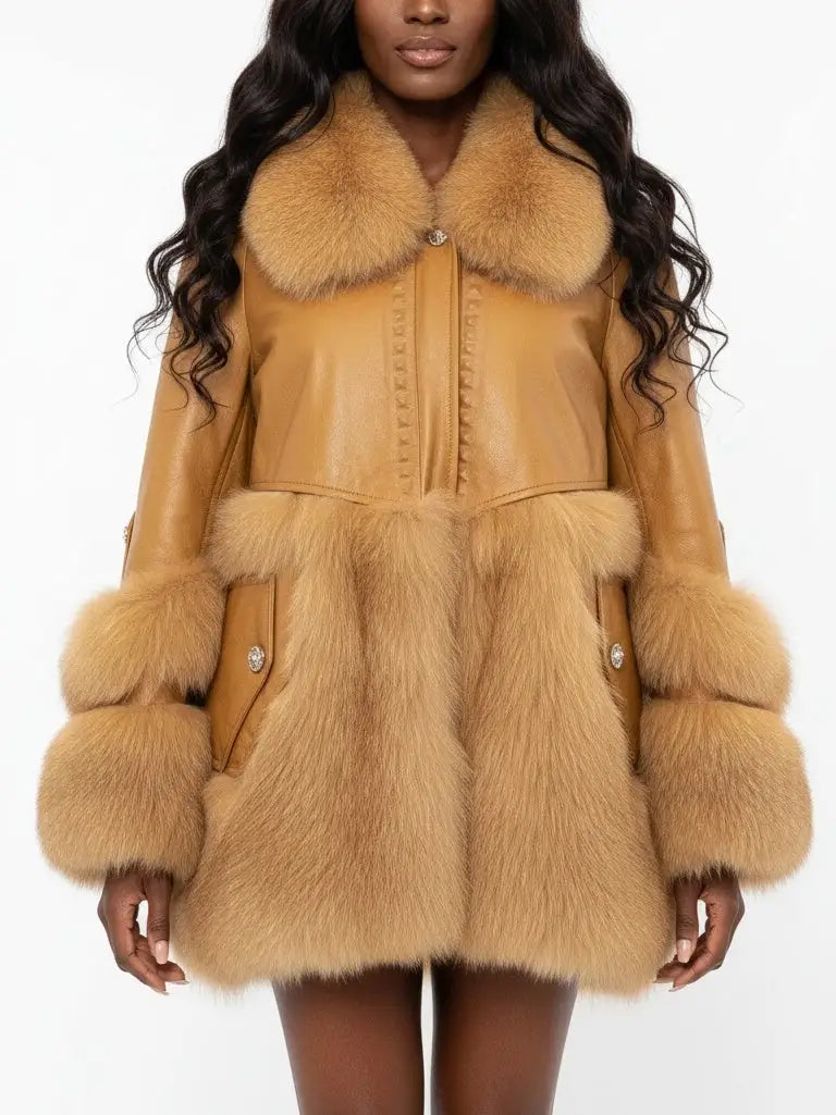 Genuine Leather Fox Fur Trim Short Coat - Coats