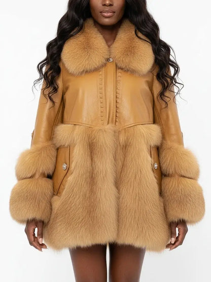 Genuine Leather Fox Fur Trim Short Coat - Coats