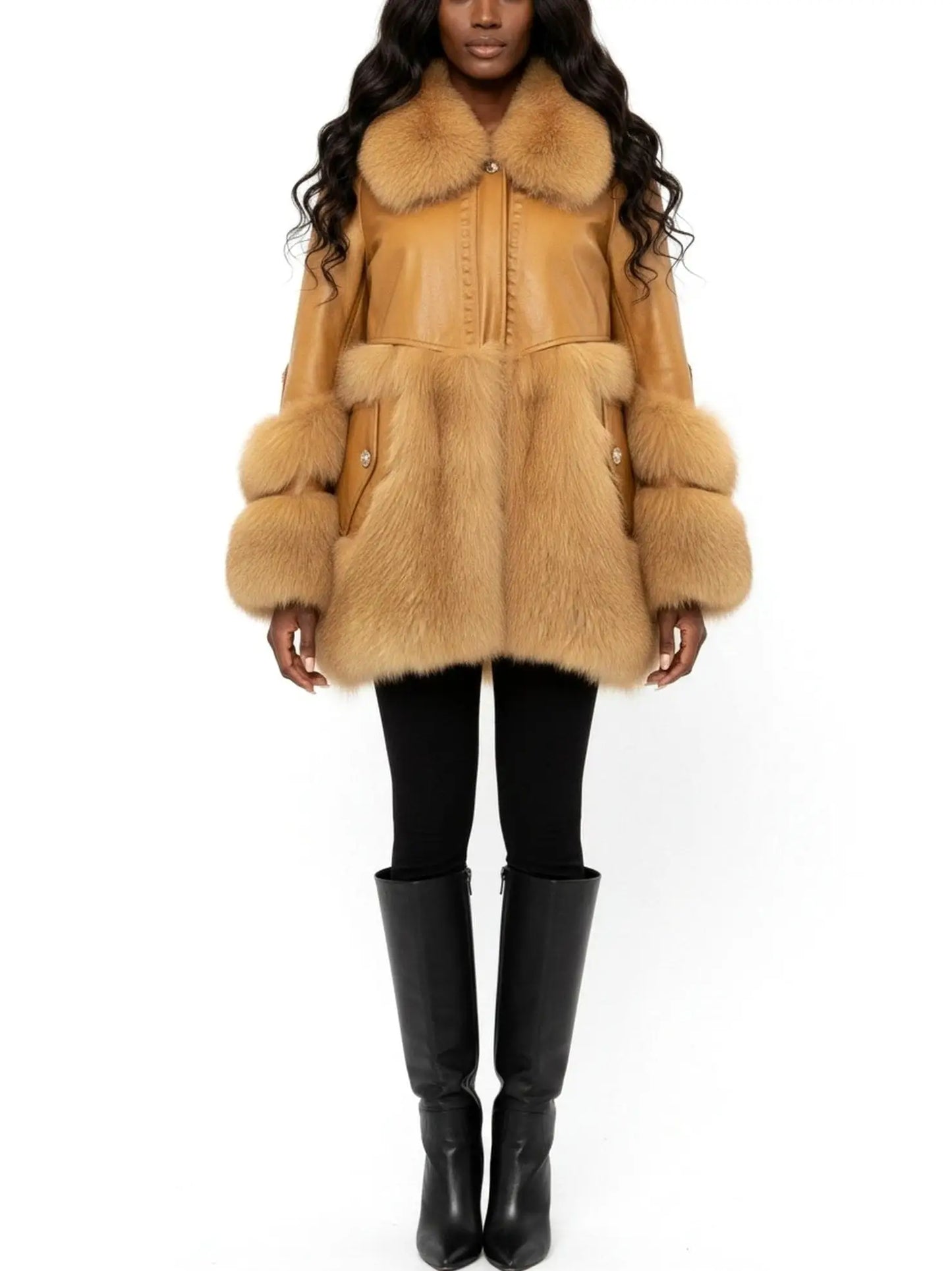 Genuine Leather Fox Fur Trim Short Coat - S / Caramel/Tan - Coats
