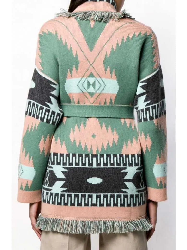 Geometric Jacquard Fringed Cardigan - Sweaters & Knitwear