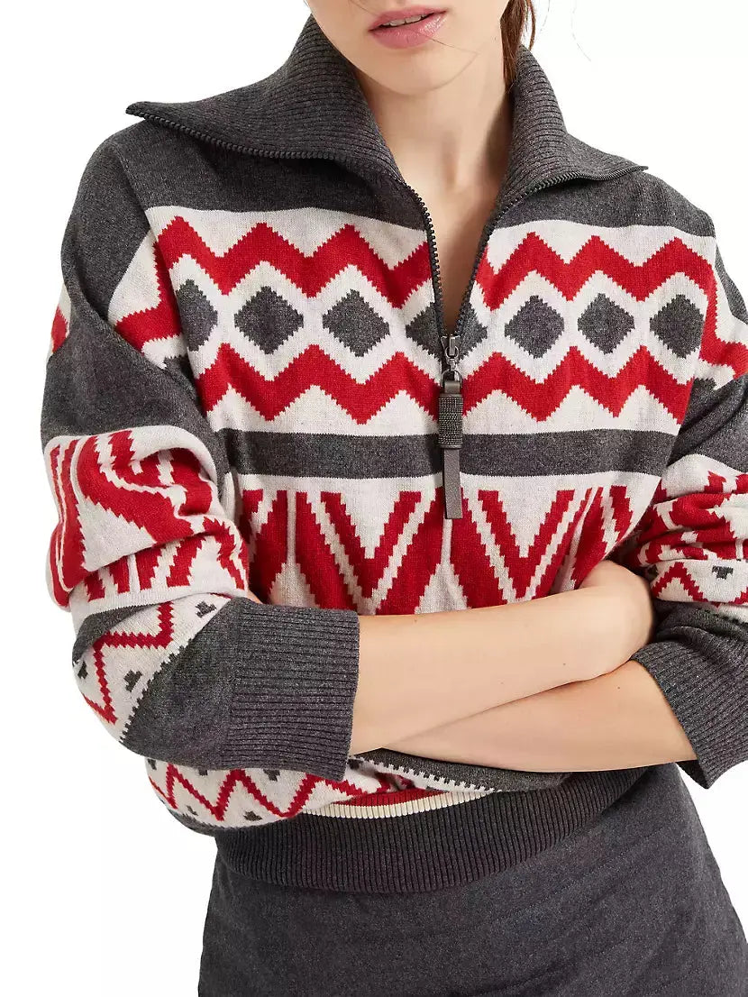 Geometric Jacquard Turtleneck Sweater with Half Zip - Sweaters & Knitwear