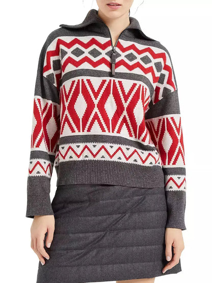 Geometric Jacquard Turtleneck Sweater with Half Zip - Sweaters & Knitwear