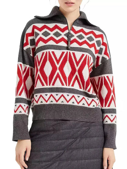 Geometric Jacquard Turtleneck Sweater with Half Zip - Sweaters & Knitwear