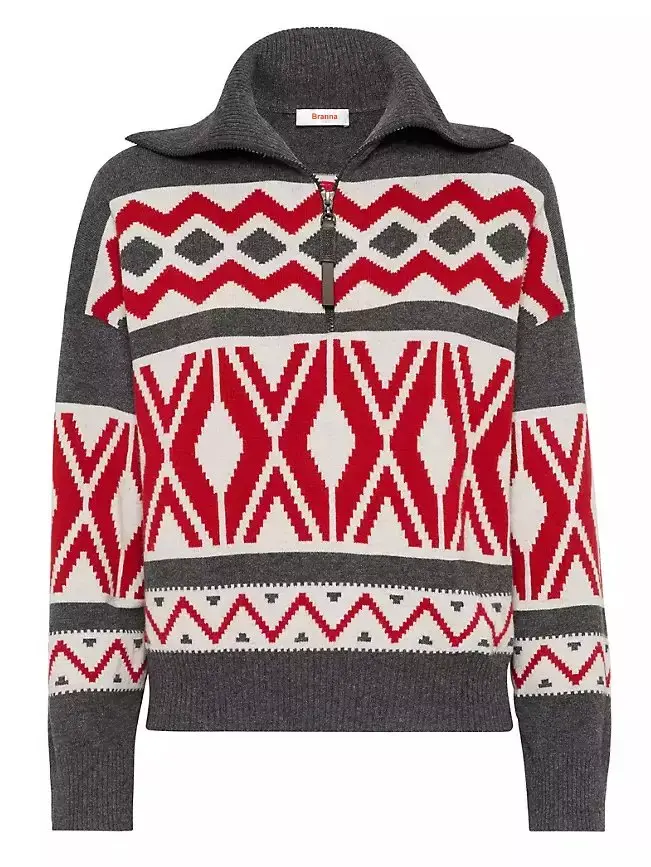 Geometric Jacquard Turtleneck Sweater with Half Zip - Sweaters & Knitwear