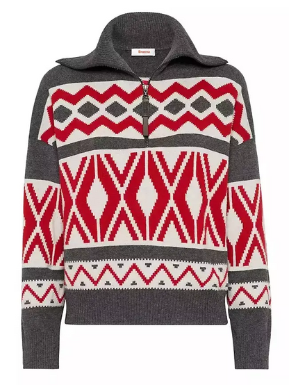 Geometric Jacquard Turtleneck Sweater with Half Zip - Sweaters & Knitwear