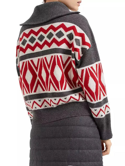 Geometric Jacquard Turtleneck Sweater with Half Zip - Sweaters & Knitwear