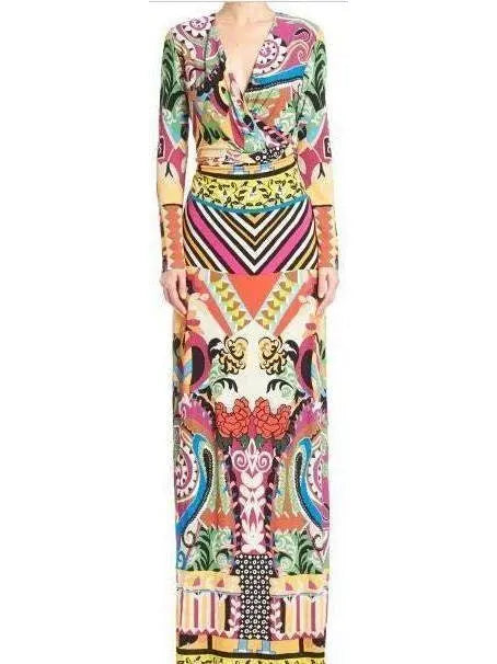 Geometric Multicolor Patchwork Jersey Gown - s - Dresses