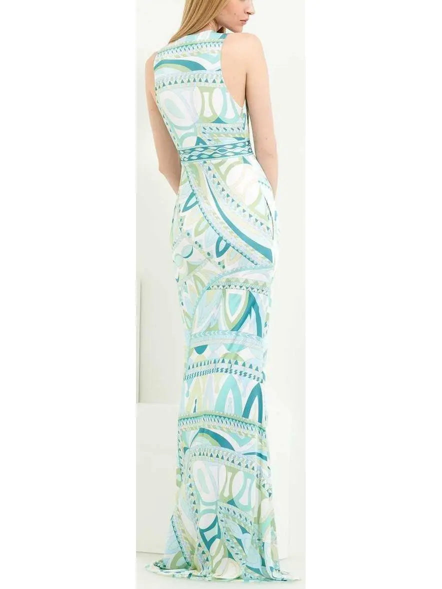 Geometric Printed Deep V-Neck Sleeveless Long Jersey Silk Maxi Dress - Dresses