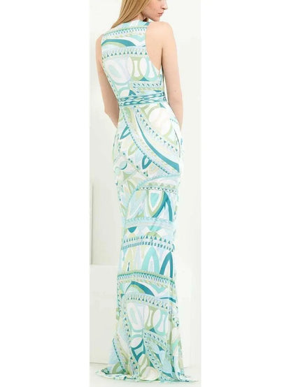 Geometric Printed Deep V-Neck Sleeveless Long Jersey Silk Maxi Dress - Dresses