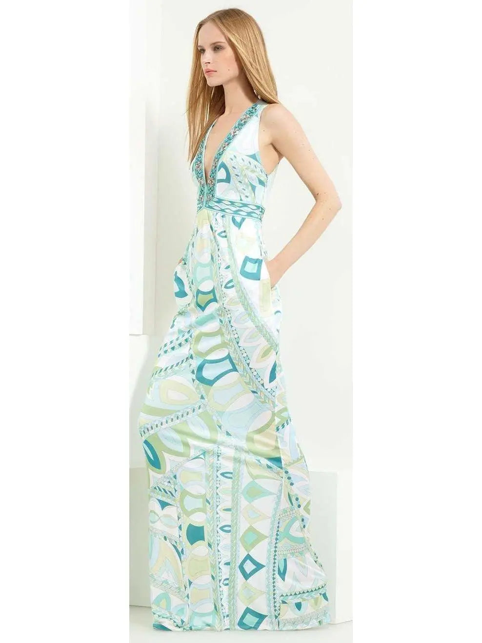 Geometric Printed Deep V-Neck Sleeveless Long Jersey Silk Maxi Dress - Dresses