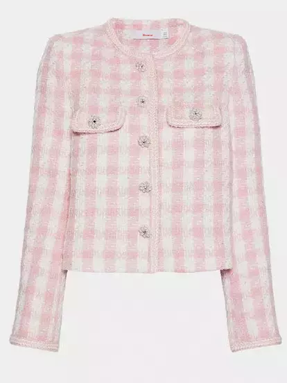 Gingham Boucle Jacket with Jewel Buttons - Jackets