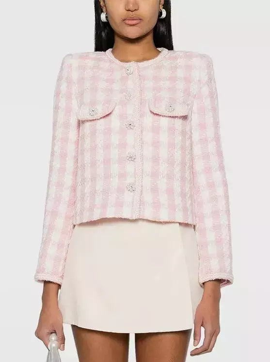 Gingham Boucle Jacket with Jewel Buttons - Jackets