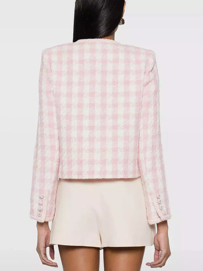 Gingham Boucle Jacket with Jewel Buttons - Jackets