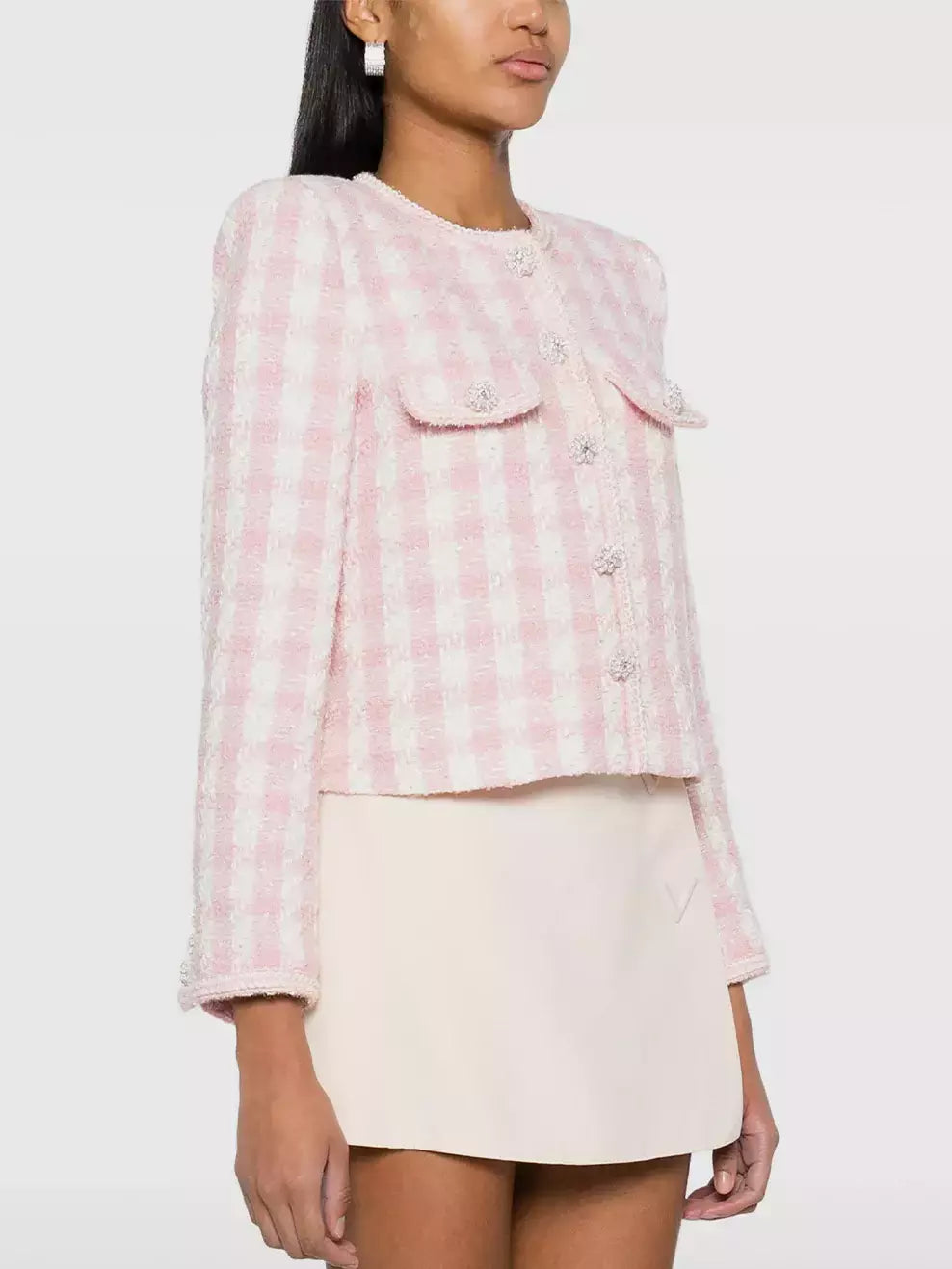 Gingham Boucle Jacket with Jewel Buttons - Jackets