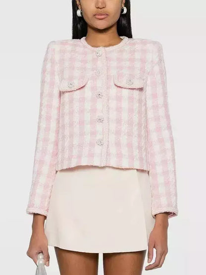 Gingham Boucle Jacket with Jewel Buttons - Jackets