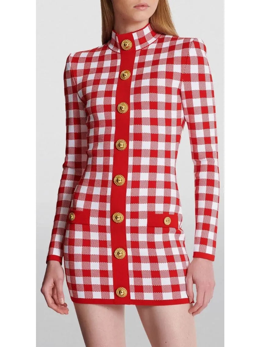 Gingham Fine Knit Dress in Red and White - Dresses