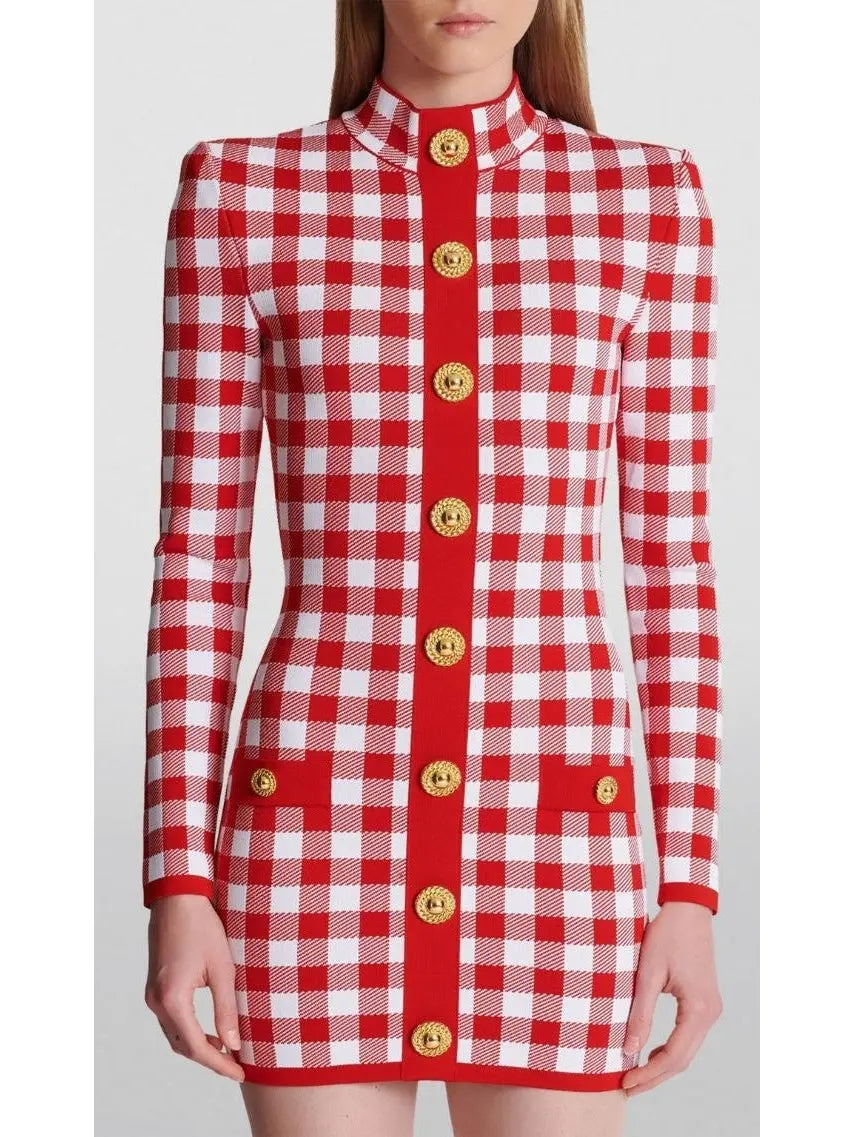 Gingham Fine Knit Dress in Red and White - Dresses