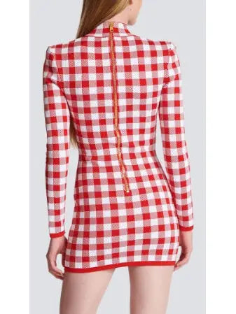 Gingham Fine Knit Dress in Red and White - Dresses