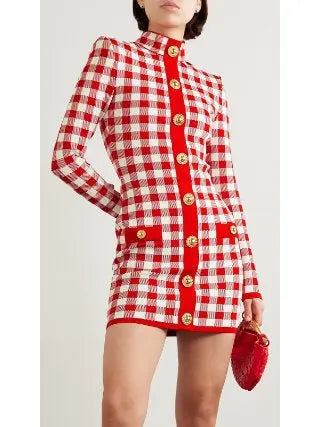 Gingham Fine Knit Dress in Red and White - Dresses