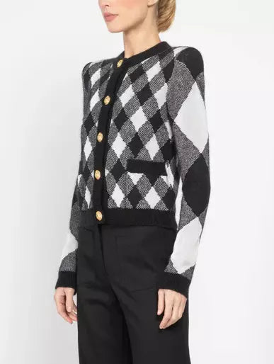 Gingham Knit Cardigan Sweater in Black and White - Sweaters & Knitwear