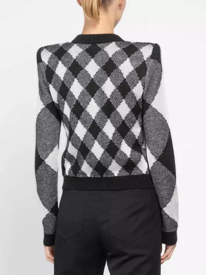 Gingham Knit Cardigan Sweater in Black and White - Sweaters & Knitwear