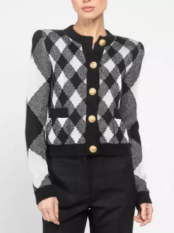 Gingham Knit Cardigan Sweater in Black and White - Sweaters & Knitwear