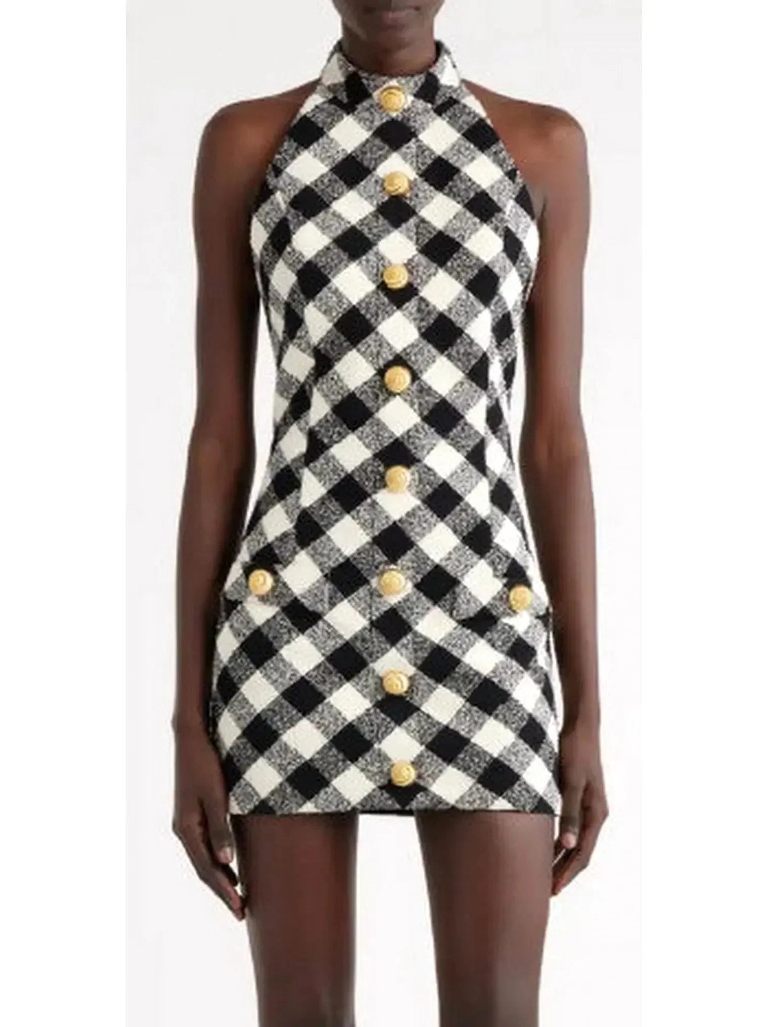 Gingham Tweed Halter-Neck Mini Dress - Dresses