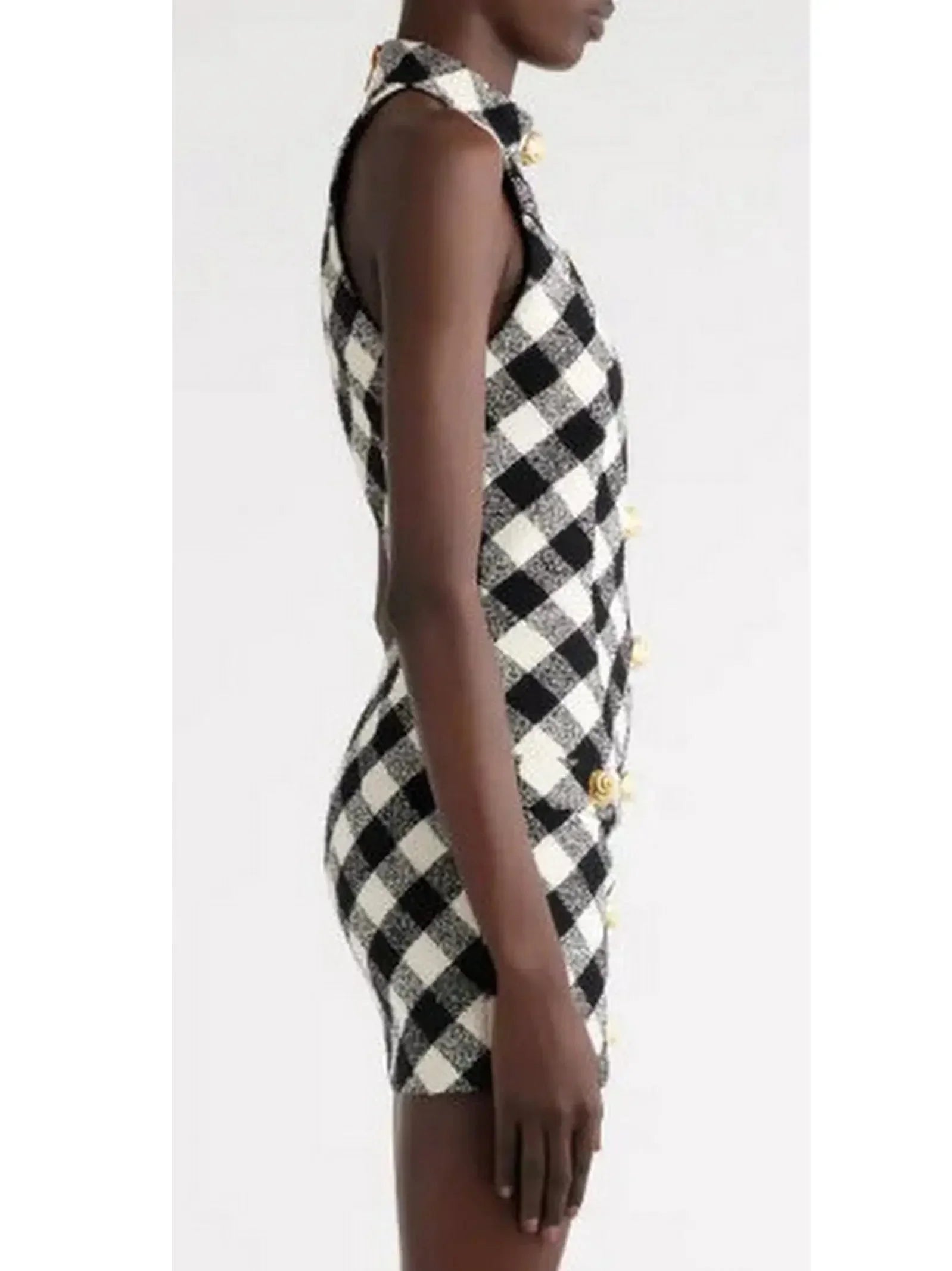 Gingham Tweed Halter-Neck Mini Dress - Dresses