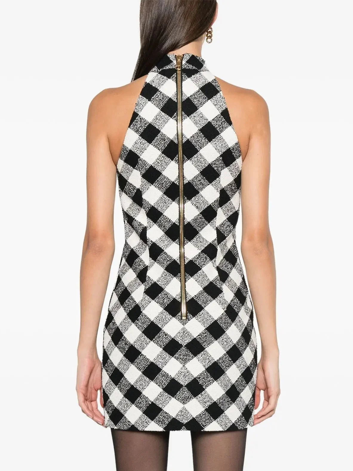 Gingham Tweed Halter-Neck Mini Dress - Dresses
