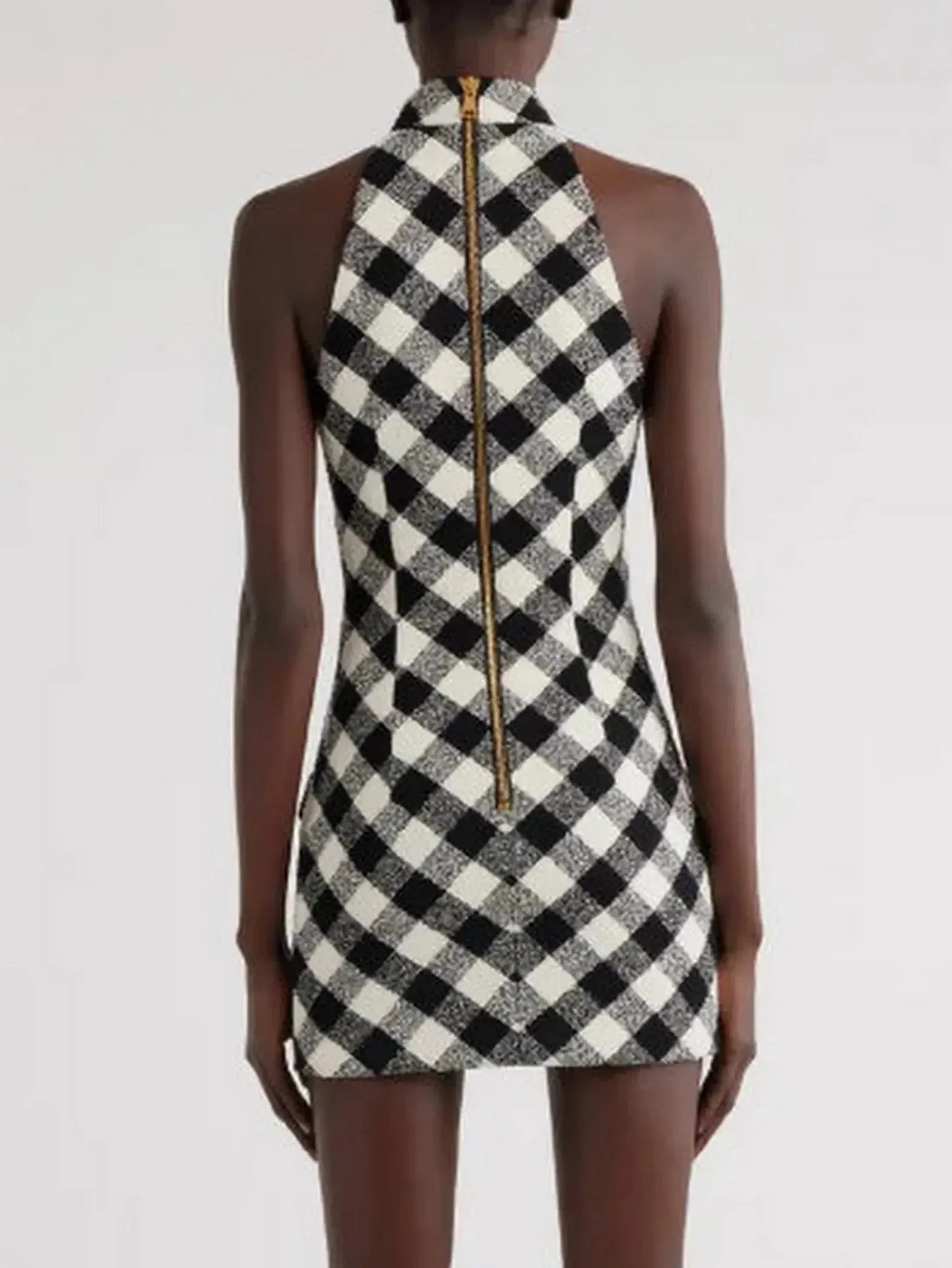 Gingham Tweed Halter-Neck Mini Dress - Dresses