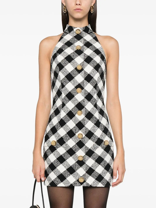 Gingham Tweed Halter-Neck Mini Dress - Dresses