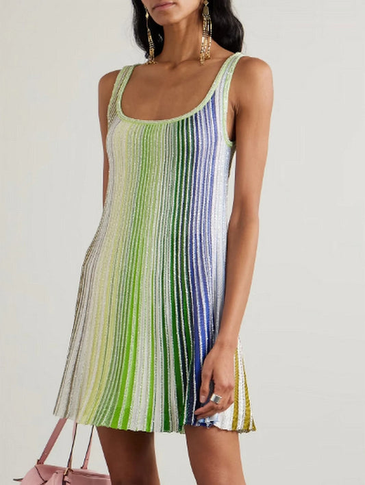 Glitter Striped Flared Knit Tank Dress in Green and Multi - Dresses
