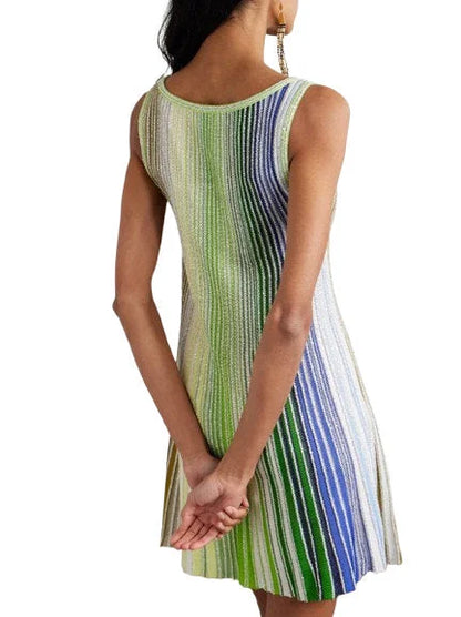 Glitter Striped Flared Knit Tank Dress in Green and Multi - Dresses