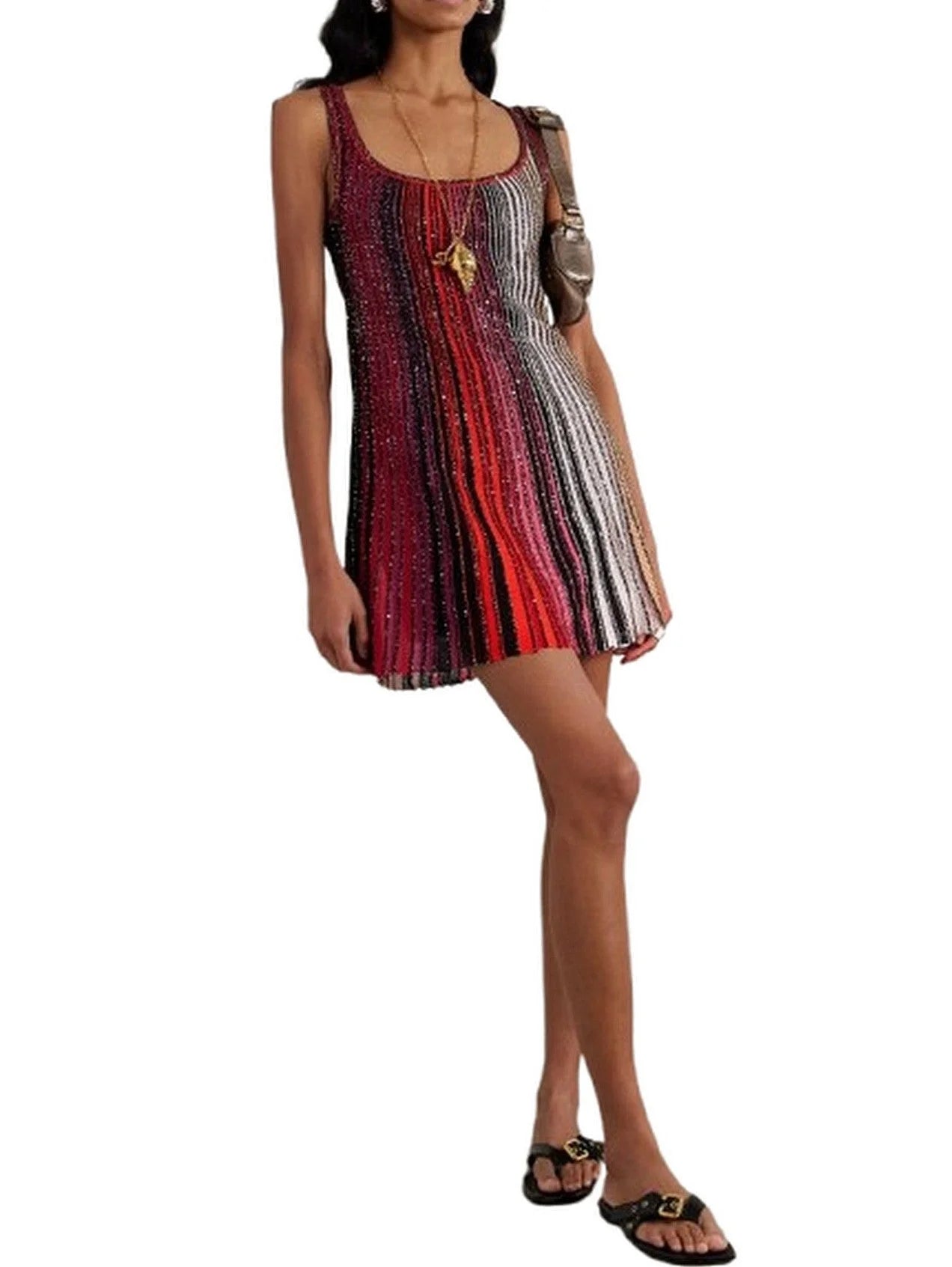 Glitter Striped Flared Knit Tank Dress in Red and Multi - Dresses