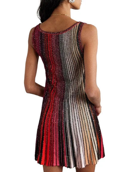 Glitter Striped Flared Knit Tank Dress in Red and Multi - Dresses