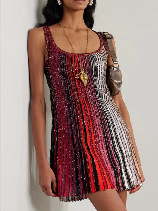 Glitter Striped Flared Knit Tank Dress in Red and Multi - S - Dresses