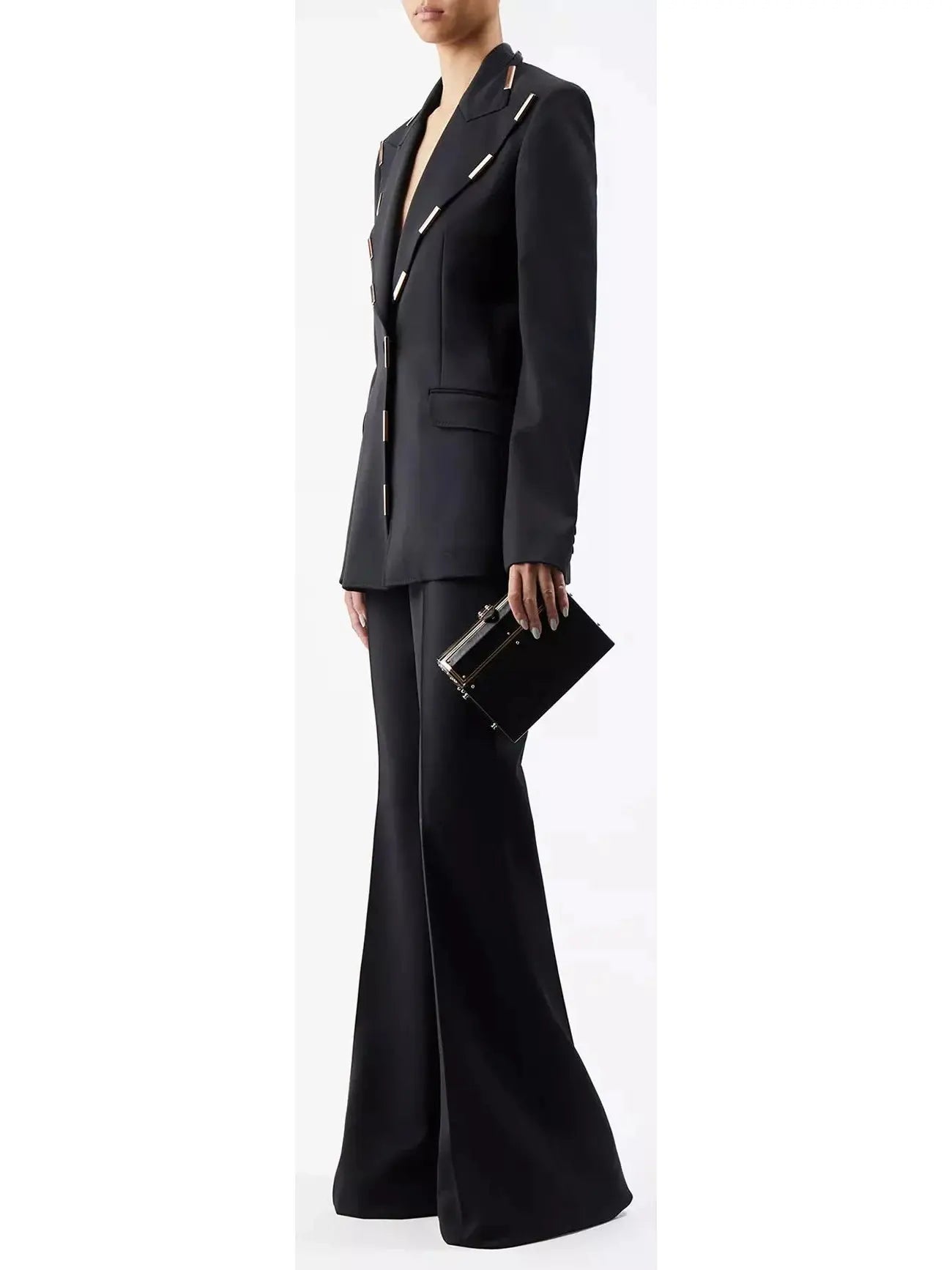 Gold-Bar Embellished Blazer & Pant Suit Black - Suits & Sets