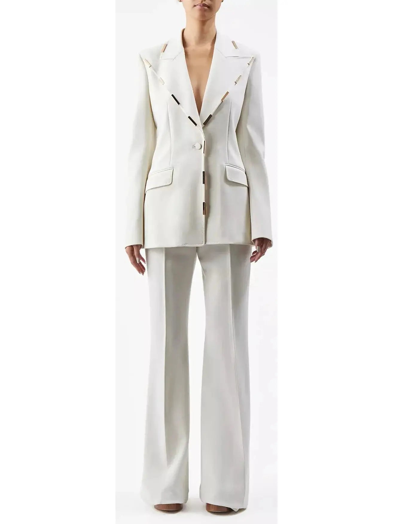 Gold-Bar Embellished Blazer & Pant Suit Ivory - S - Suits & Sets