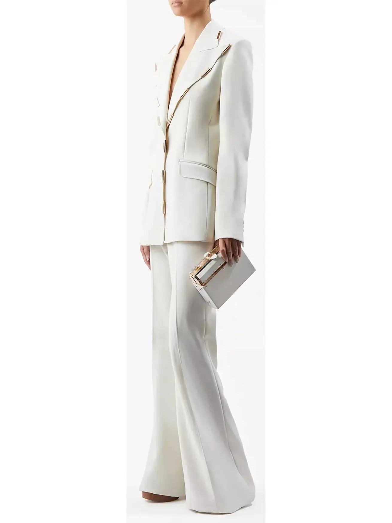 Gold-Bar Embellished Blazer & Pant Suit Ivory - Suits & Sets