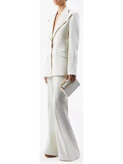 Gold-Bar Embellished Blazer & Pant Suit Ivory - Suits & Sets