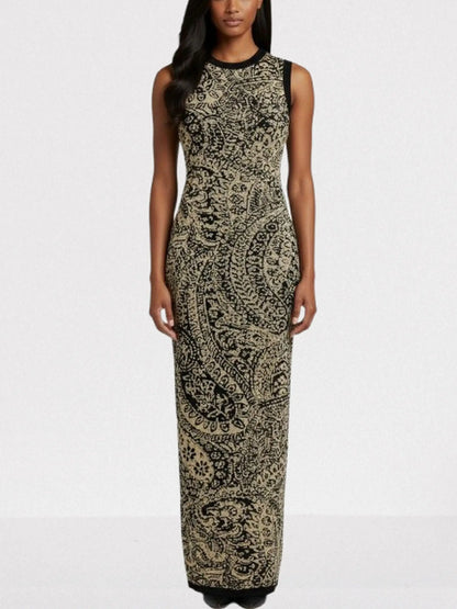 Gold & Black Paisley Knit Maxi Dress - S - Dresses