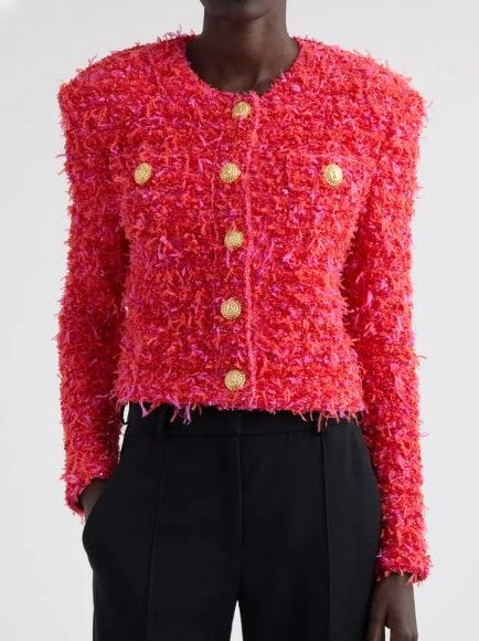 Fuzzy pink tweed cropped jacket by Branna Couture with elegant gold buttons