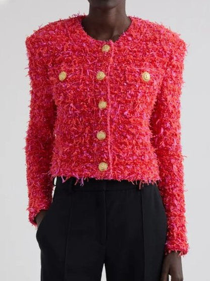 Gold-Button Red and Pink Cropped Tweed Jacket from Branna Couture in pink tweed