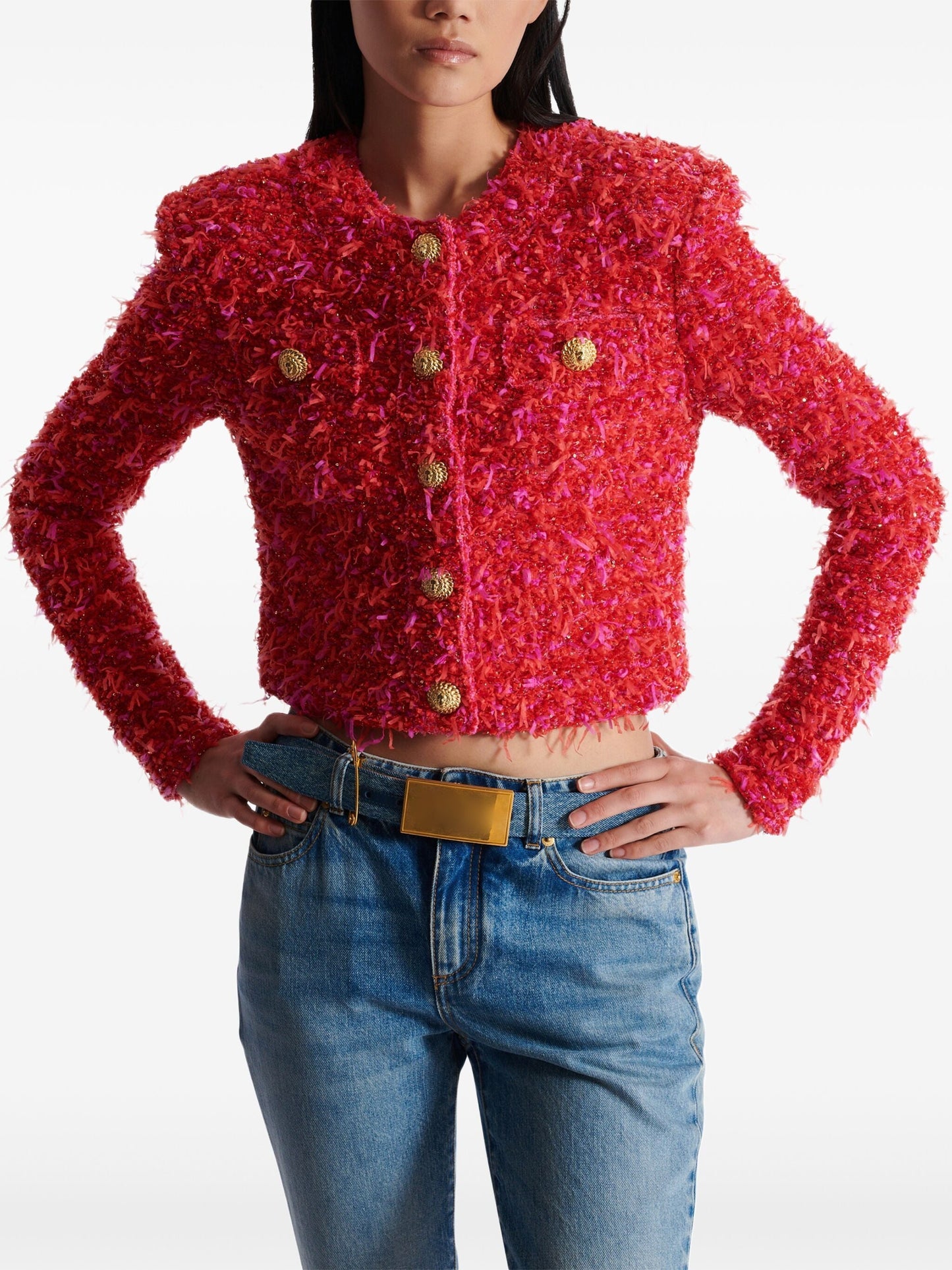 Gold-Button Red and Pink Cropped Tweed Jacket by Branna Couture in stylish pink tweed