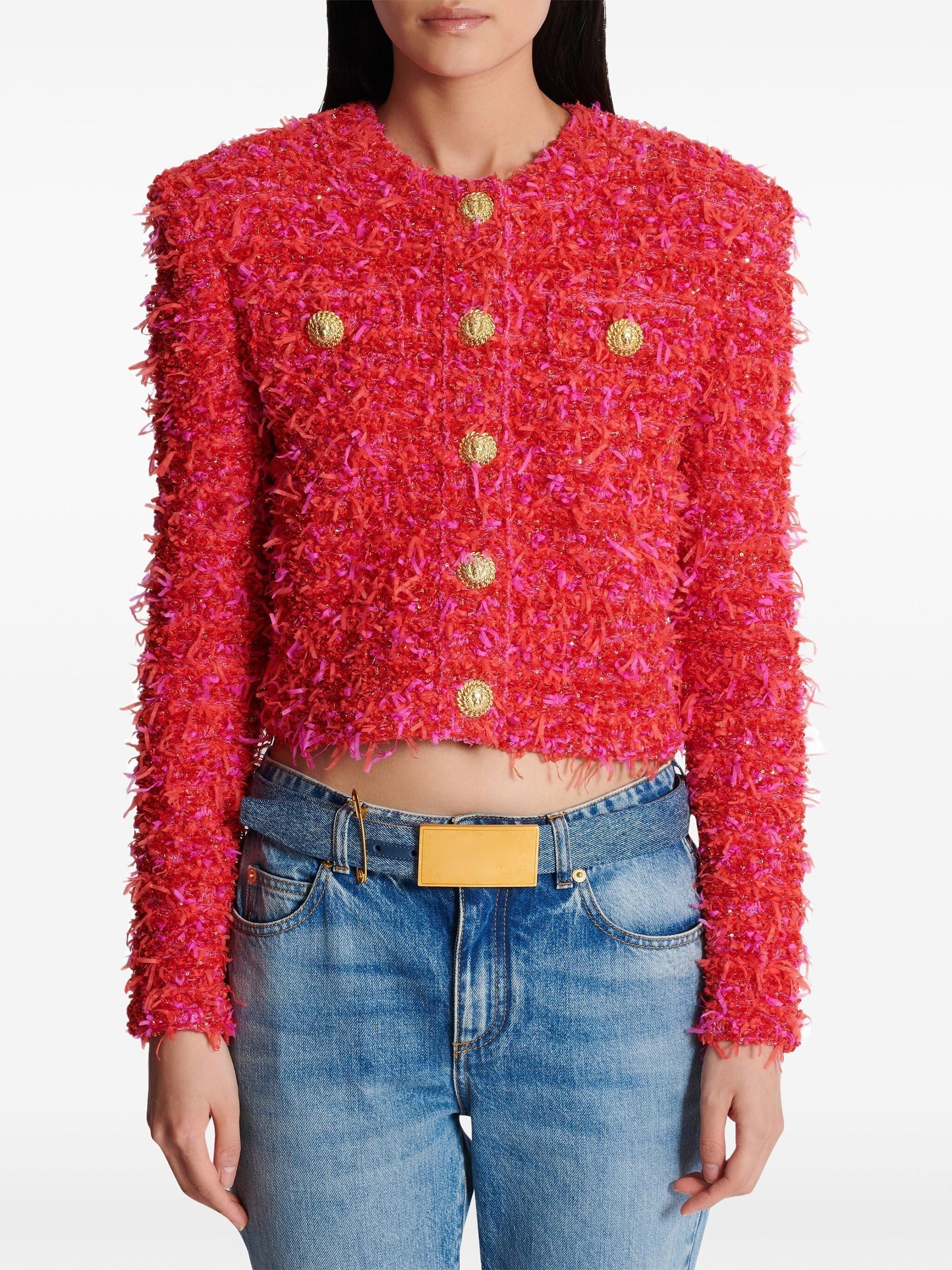 Red and pink tweed cropped jacket with gold buttons by Branna Couture