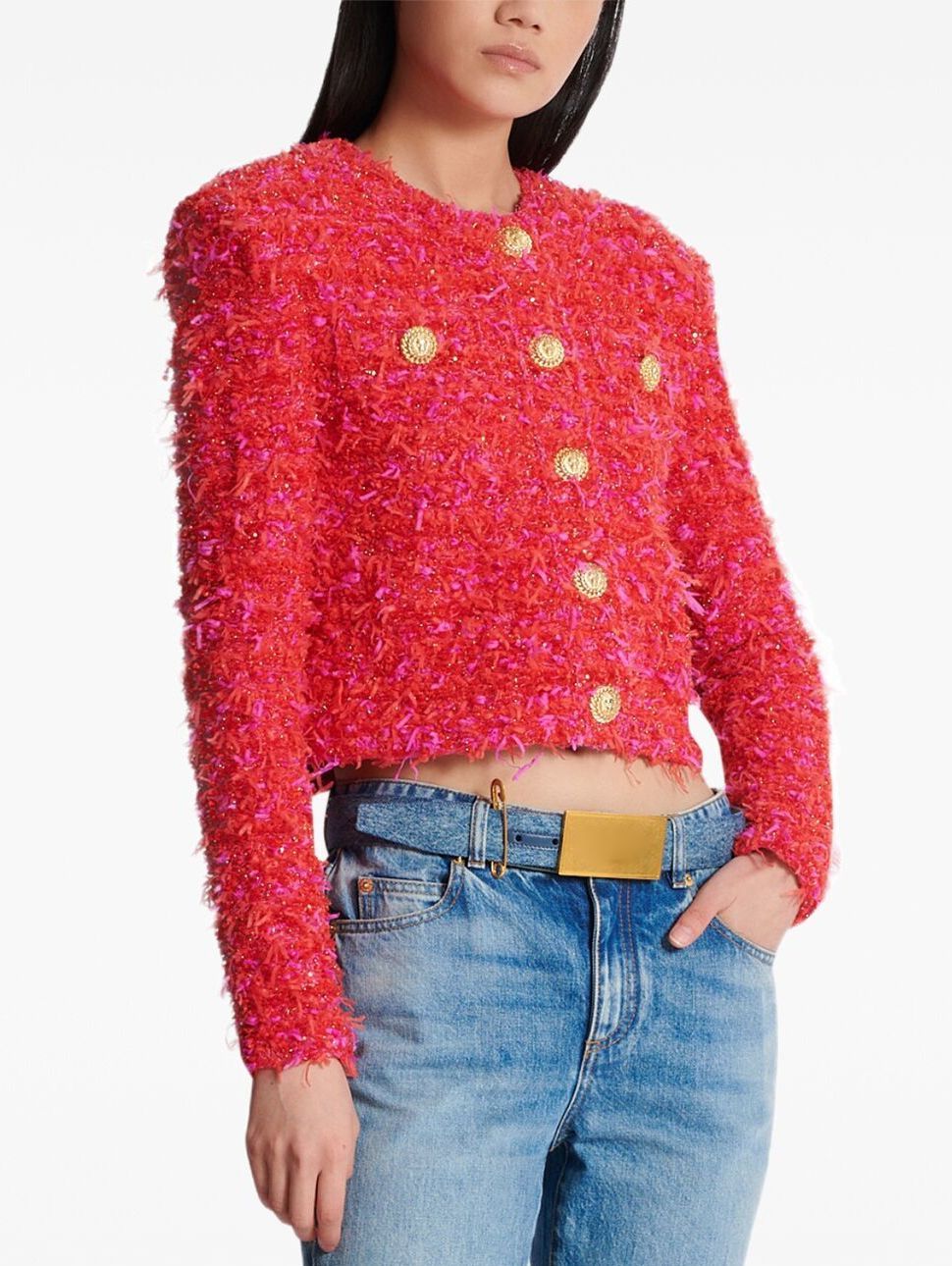 Red and pink tweed cropped jacket by Branna Couture with gold buttons