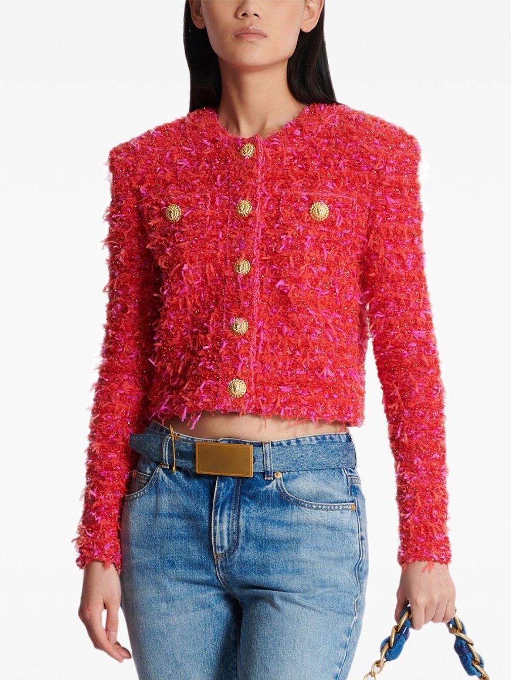 Gold-Button Red and Pink Cropped Tweed Jacket from Branna Couture featuring pink tweed