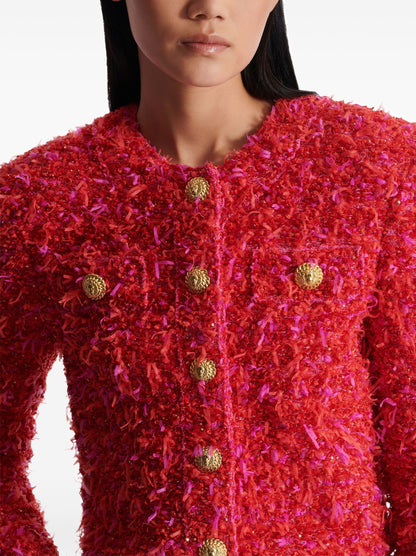 Fuchsia pink tweed cropped jacket with gold buttons by Branna Couture